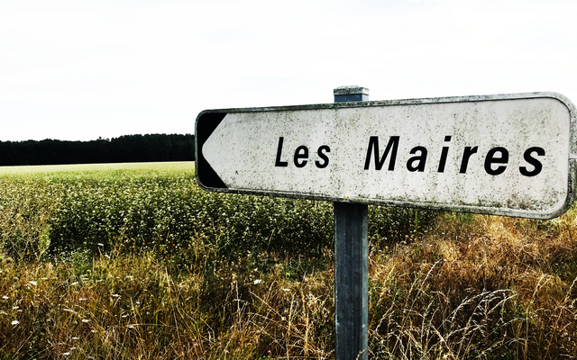 Image d'un panneau de signalisation dans un champ contenant les mots "Les Maires", de couleur noire et blanche